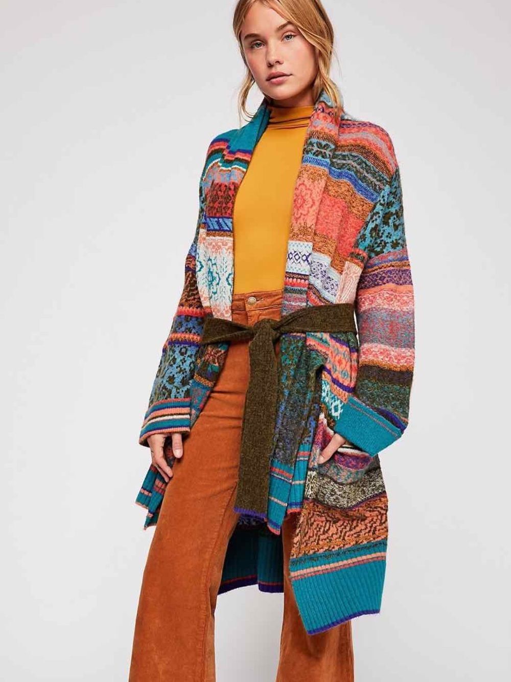 Free People Fantasia Fair Isle Multicolor Knit Cardigan Sweater Bohemian